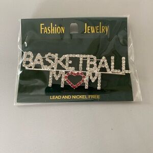 Rhinestone Fashion Jewelry Silver-Tone Basketball Mom Pin with Red Heart, NWT